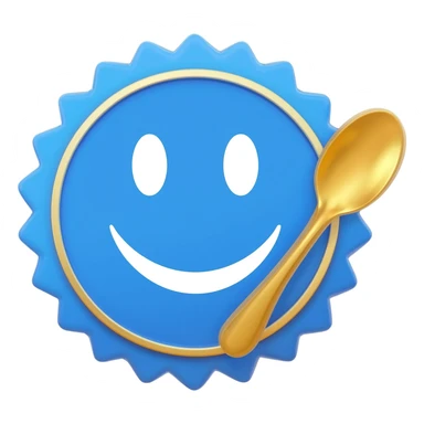 Blue verification badge, gold spoon, ribbon, emoji sticker