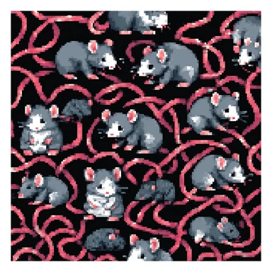 Enhance the image to show more tangled tails among the rats in a pixel art style. Emphasize the pixel art aesthetic with clear, blocky pixels and vibrant colors typical of pixel art. Increase the complexity and visibility of the tails to appear more intertwined and tangled, while maintaining the pixel art style. sticker