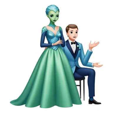 alien reptilian green skin woman, in long slim pastel blue formal party satin dress with gradient shiny sparkling navy blue diamonds embroidered , and caucasian man in black dres on his knees asks her to marry her sticker