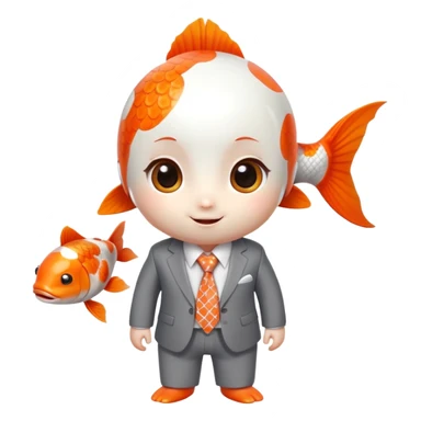 A super cute and fun koi fish character with big anime eyes, rosy cheeks, playful smile, sleek rounded body with orange and white patterns, wearing a neat business suit, white shirt, and tiny tie sticker