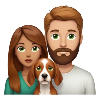 White male with green eyes and beard and brown hair and Hispanic female with brown eyes and balayage long hair and vizsla dog sticker