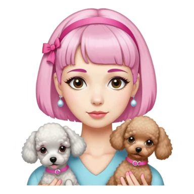 short pixie bangs platinated woman pink hair band，fair-skinned ,no earringsholding two poodles sticker