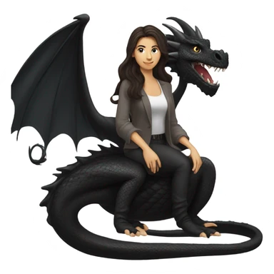 Beautiful white woman with long wavy dark brown hair riding a black dragon sticker