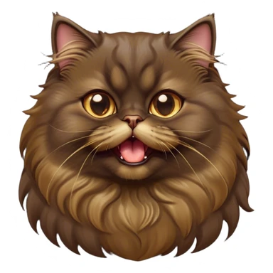 Cinematic Adorable Big-Eyed Fluffy Dark Brown Persian Cat Portrait Emoji, Head tilted playfully with a cute, exaggerated yawn, fluffy dark brown fur with rich caramel and gold undertones, Simplified yet irresistibly cute features with large, expressive eyes, highly detailed, glowing with a warm and gentle glow, high shine, a mix of affectionate and sleepy, stylized with a touch of whimsy, bright and full of charm, soft glowing outline, capturing the essence of a fluffy, loving kitty yawning in the most adorable way, so endearing it feels like it could leap out of the screen and stretch out for a cuddle! sticker