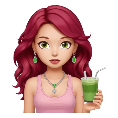 a pretty fair bratz girl with wavy dark red hair, wearing a pink tank top . silver dainty layered necklaces, carrying a matcha sticker