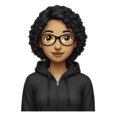 smiling teenage indian girl with glasses with black curly hair wearing a black hoodie with no zipper sticker