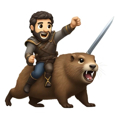 Confident armored White Man with dark brown hair and a short beard pointing forward with one arm holding a sword and yelling a battle charge while riding on the back of a giant groundhog sticker