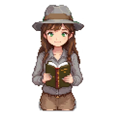 pixel art, girl with brown hair, grey fedora, holding a book sticker
