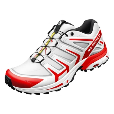 Ultra simplified white Salomon XT-6 shoes with just a red colored line across the middle, one behind the other, completely white design except for the colored center line sticker