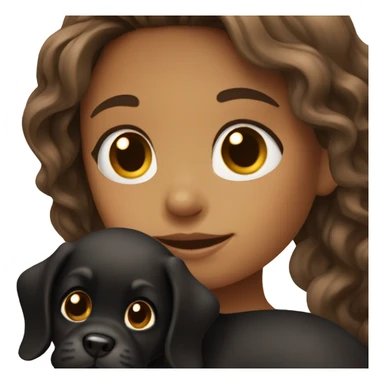 Girl with long wavy brown hair holding black puppy sticker