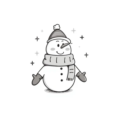 A cute snowman with scarf and winter accessories in pastel colors (dd9fb0, ffc6d3, a3bfc9, c4bee2, f1b091), hand-drawn doodle style sticker