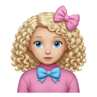 girl with blonde curly hair and blue eyes wearing a pink sweater and white hair bow sticker