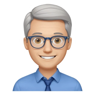 30 yr old pale white man, grey side swept hair, round glasses, big smile, white teeth, handsome, longer hair, thin glasses, blue dress shirt, no tie, stylish hair sticker