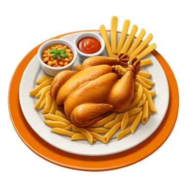 Plato redondo visto desde arriba con pollo en trozos pequeños crujientes bañados en salsa agridulce brillante color naranja, acompañado de pastas y papas fritas doradas gruesas al lado sticker