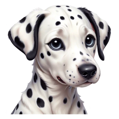 Cinematic Cute Spotted Dalmatian Portrait Emoji, Head tilted playfully and inquisitively, featuring a glossy Fur of predominantly white with dynamic black patches, round, sparkling eyes filled with gentle curiosity, Simplified yet irresistibly adorable features, highly detailed, glowing with a warm, friendly glow, high shine, affectionate and gentle, stylized with a touch of whimsy, bright and endearing, soft glowing outline, capturing the essence of a mischievous yet loving pup, so playful it feels like it could lumber out of the screen and into your arms! sticker