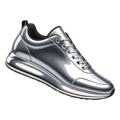 A pair of futuristic sneakers emoji made of silver chrome, sleek streetwear design, smooth metallic panels, subtle reflections, luxury swag aesthetic, iOS emoji style, centered, clean white background sticker