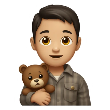 A 4-year-old boy with dark hair, in brown pajamas with a teddy bear in his hand sticker