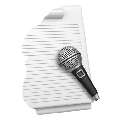 minimalist oconography design: white document with a folded top-right corner and horizontal lines, outlined in a brick pattern. At the top center of the document is an icon indicating ai. In front of the document a microphone icon sticker