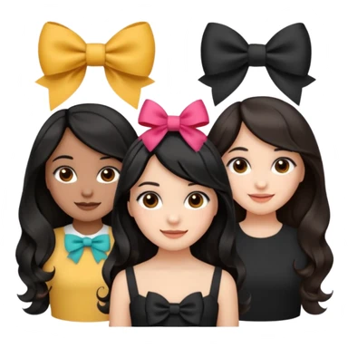 three girls with brown eyes, white and brown skin tones, first girl with completely black straight hair and a bow on her head, middle girl with black wavy hair and a bow, last girl with black voluminous loose waves and a bow, emoji style sticker