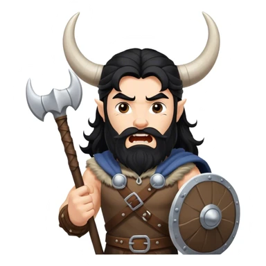 vikingo, con cuerno de vaca, pelo negro ondulado, de pie, grito de guerra en torre de Asgard. sticker