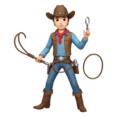 cowboy man holding a whip, dynamic pose, western outfit, adventure vibe, 3D cartoon, mobile game icon style, clean background, no text, no watermark
 sticker