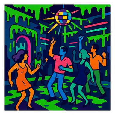 a vibrant toon style dance hall covered in slime, neon lights, and dancing figures sticker