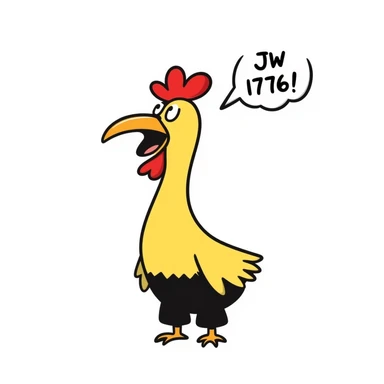 shouting yellow long neck chicken with the words 'JW 1776' in a speech bubble sticker