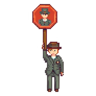 A white man showing a prohibition sign sticker