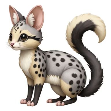 Black, soft realistic romantic vintage antique divine beautiful elegant pretty precious cute young youthful  Fakémon-Pokémon-opossum-feline-mouse-serval-caracal-chinchilla-Minccino-Cinccino-Meowstic-rodent-hybrid-creature with a tufted tail (full body) sticker