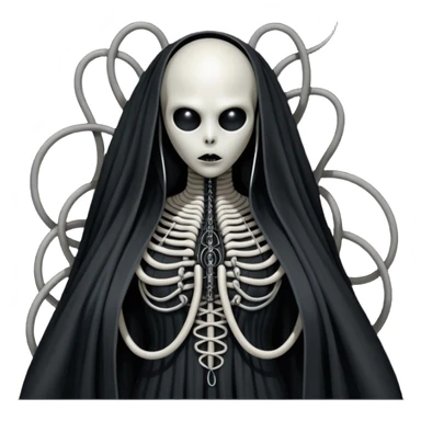 organic black wires merging into a monstrous occult creature, draped in black rags and bondage, Giger-esque sticker