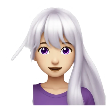 white long hair with bangs, purple eyes, anime girl, make an emote smile post sticker