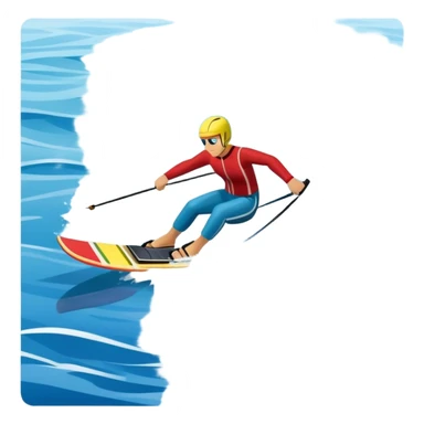 humanless icon showing water skis on the surface of the water, with the skis cutting through the waves, and a distant boat in the background creating a wake. The design highlights the smooth, dynamic motion of water skiing. Transparent background emphasizes the thrill of the sport sticker