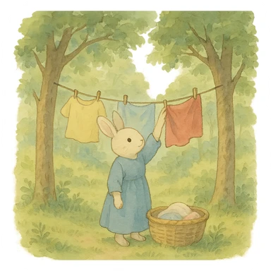 bunny hanging laundry between trees, calming domestic forest feel, soft pastel colors sticker
