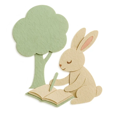 rabbit writing in a journal under a tree, pastel green and beige, paper craft style sticker