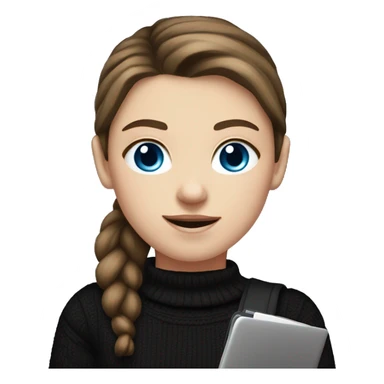 caucasian white girl student, holding laptop, blue eyes, dark brown hair ponytail wearing a thick black sweater sticker