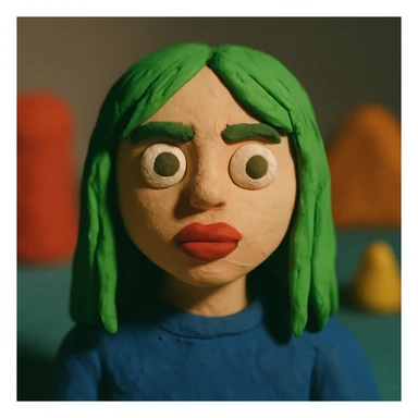 girl with green hair like Billie Eilish and red lipstick, claymation style sticker