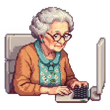 grandma typing on a computer on black background sticker