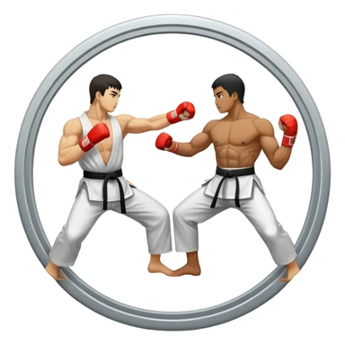 Round emblem symbolizing striking martial arts. The emblem features two fighters in dynamic stances, one delivering a powerful punch while the other defends with a block. In the center, a stylized fist and foot crossed to represent the essence of striking.  sticker