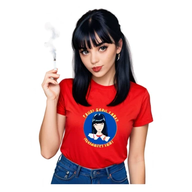 Sexy young woman lighting up a cigarette she has long dark blue black hair with front bangs and she’s wearing a red t shirt  sticker