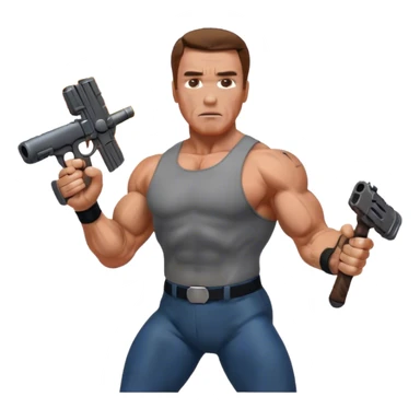 Icon for Action Movies: Arnold Schwarzenegger in the lead role, in an intense action pose with weapons, explosions, and dramatic background. The design should evoke the classic action movie feel with muscle-bound heroes and high-energy sequences. Transparent background. sticker
