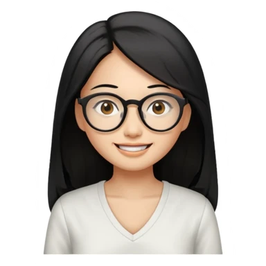 medium tan asian woman with long black hair past middle of back, round brown eyes, white v neck blouse. she has black  square frame glasses on and smiling with no teeth sticker