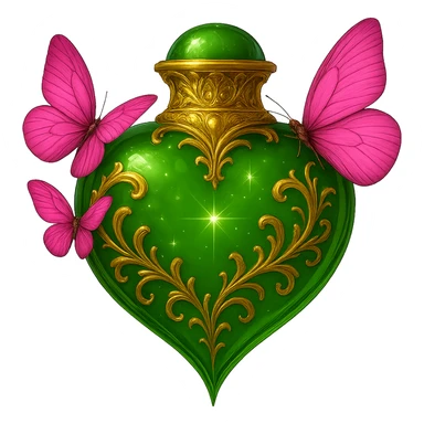 Edit the image of a crystal green heart-shaped bottle with golden details to be floating in the air with no base or shadow, on a transparent background. Butterflies should be touching and attached to the bottle as in the original image, not separate. The design remains elegant with a beautifully connected bottom, no additional elements. Maintain the crystal green heart shape with golden details and an elegant look. sticker