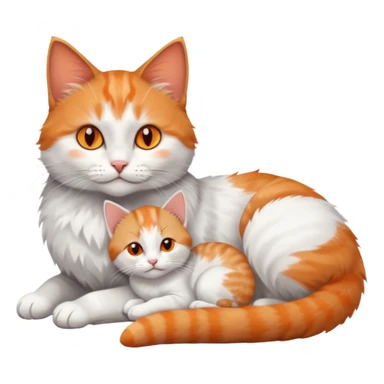 full body of a grey and white cat cuddling a very small + skinny ginger and white kitten with deep orange eyes and triangular shaped face lying down sticker