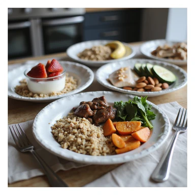 hyperrealistic 4K table with separate plates for 2000 calorie diet: breakfast with Greek yogurt, granola, strawberries; lunch with lean beef, barley, zucchini; dinner with tuna, sweet potatoes, spinach; snacks with banana, almonds, protein bar. Plates labeled with calories, modern kitchen atmosphere sticker
