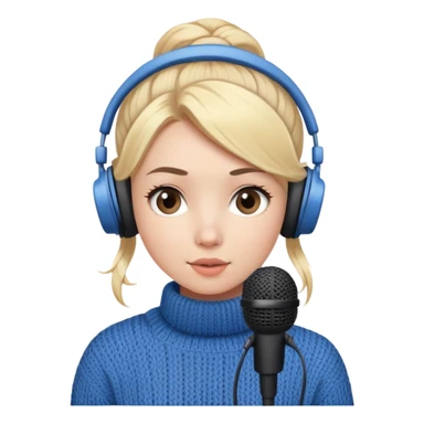 a cute face girl have bright white skin
and small and natural lips (kinda
peach) with blue knitwear with a
blonde one hair bun and she is a
podcaster in her school. with recording
microphone in front of her not held and
a headphone in her head sticker