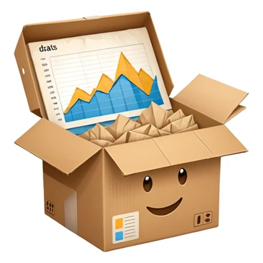 an open cardboard box with data charts inside sticker