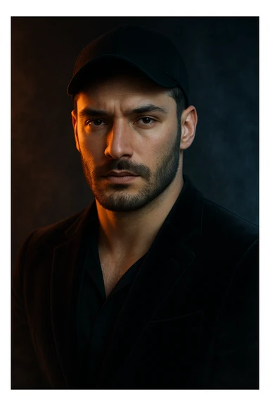 Usa questa immagine come riferimento per creare un ritratto iperrealistico e ravvicinato di un carismatico nodello maschile, ambientato in un contesto editoriale suggestivo. I volto è illuminato da fasci di luce ambrata e blU ghiaccio che contrastano tra loro, esaltando la simmetria marcata della mascella, la sottile barba incolta e uno sguardo penetrante e sicuro. I| modello indossa una giacca sartoriale scura in morbido velluto, leggermente sbottonata sul colletto. Lo sfondo sfuma in un profondo gradiente antracite con una delicata foschia cinematografica e sottili bagliori di luce. Un lieve velo di nebbia avvolge la sua silhouette, accentuando un'atmosfera sofisticata e misteriosa. L'effetto complessivo evoca un'eleganza di alta moda con un tocco moderno e malinconico, ideale per una campagna pubblicitaria di lusso o per la copertina di una prestigiosa rivista. sticker
