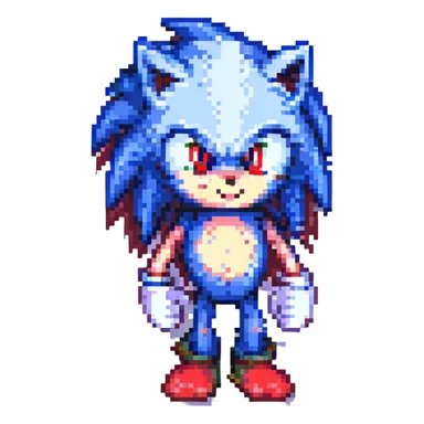 Change Sonic's eyes to red, keep pixel art style, no background sticker