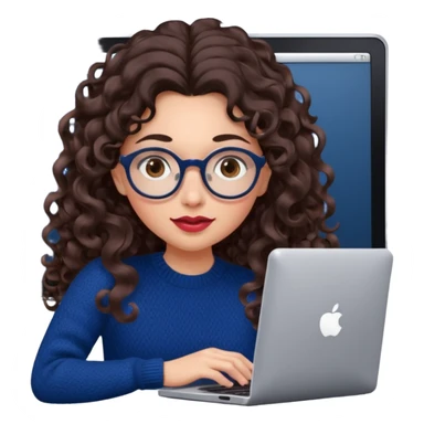 a european white young woman with very long wavy dark brown/chocolate hair with curls at the end of her long hair typing in a computer. she's using round glasses, her lips are light red and her cheeks slightly pink. Her eyes are dark brown. She's using a dark blue knit sweater  sticker