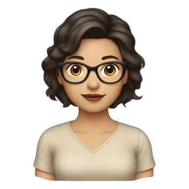 A girl with medium length dark brown hair and dark brown eyes and beige skin wearing glasses sticker